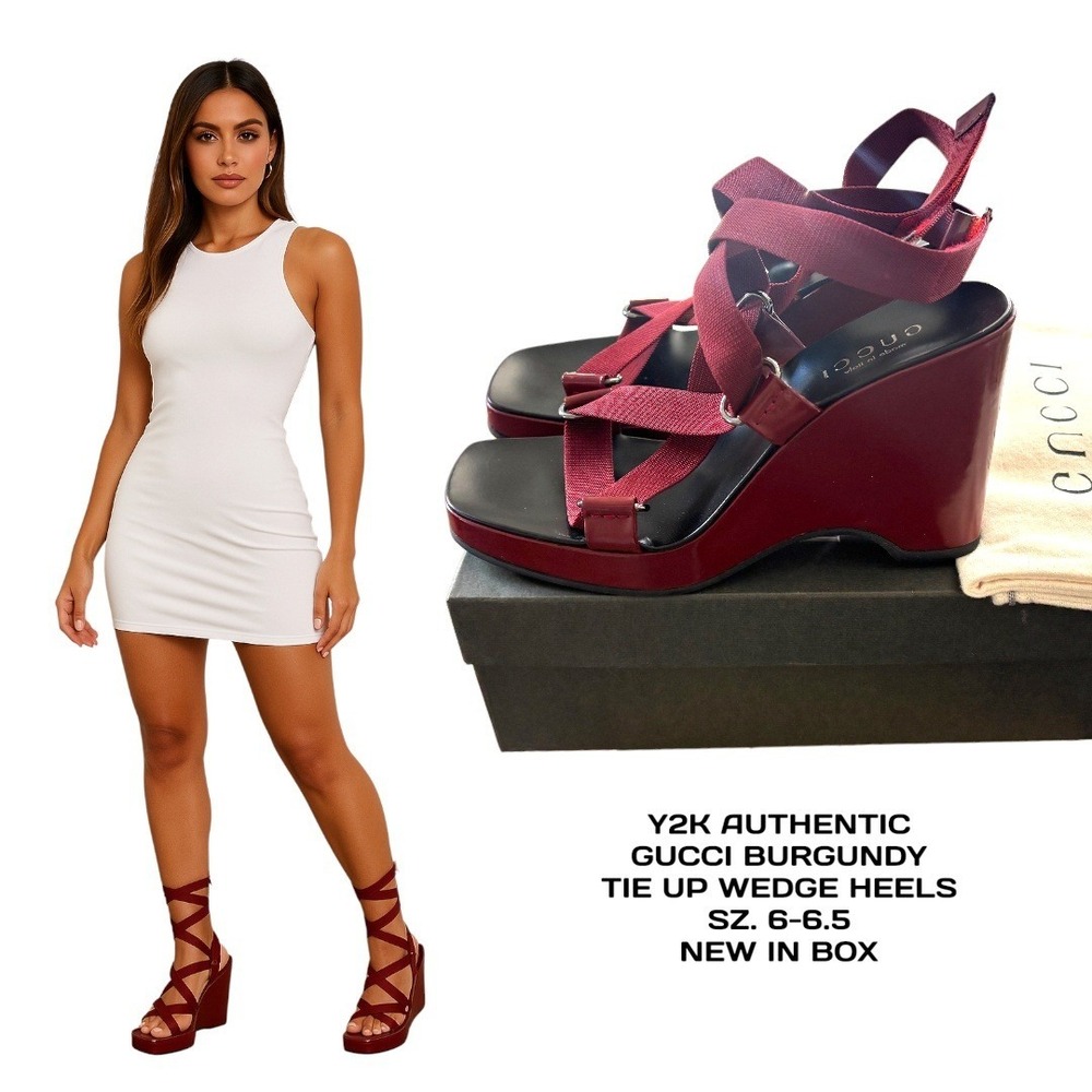 Gucci Burgundy‎ Tie Up Wedge Heels Y2K Authentic New In Box Size 6 6.5